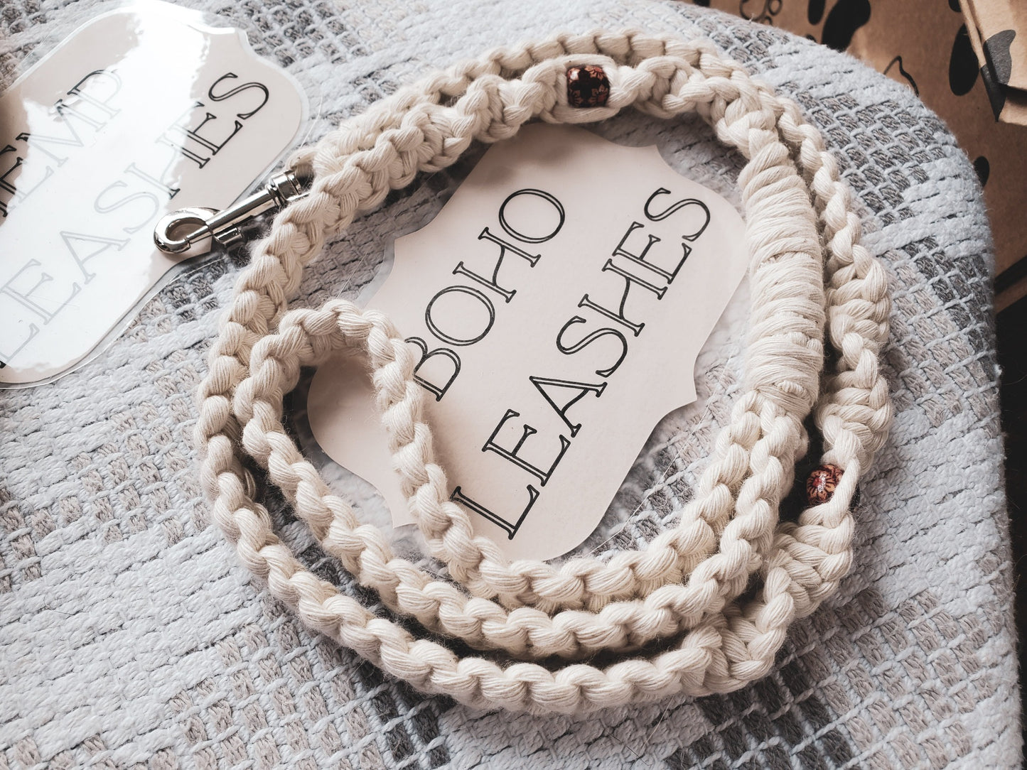 White dog leash macrame style