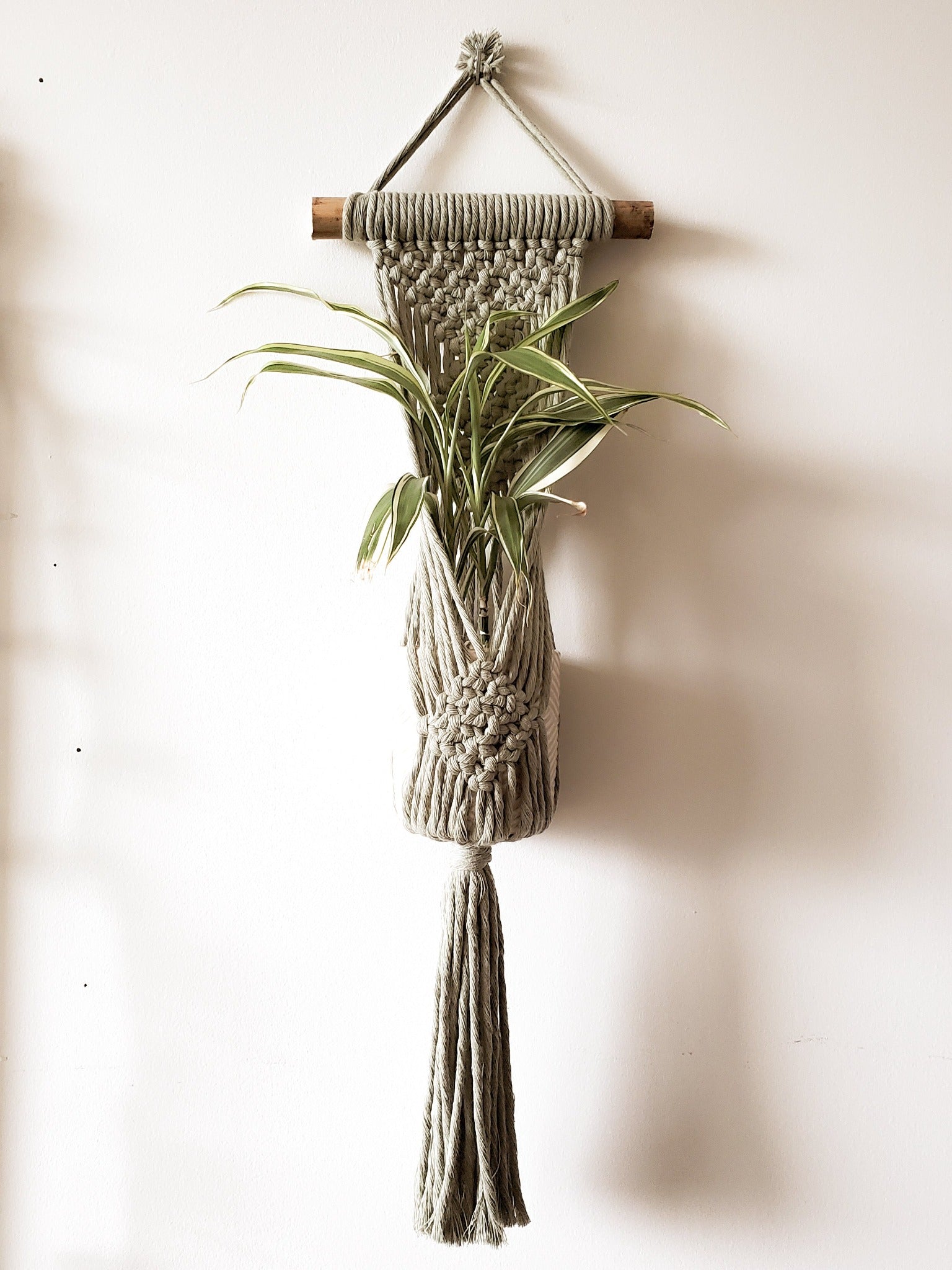 Macrame Wall Hanging - Handcrafted with Black and Sage Green Yarn