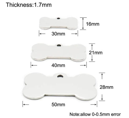 bone shaped pet tag measurements