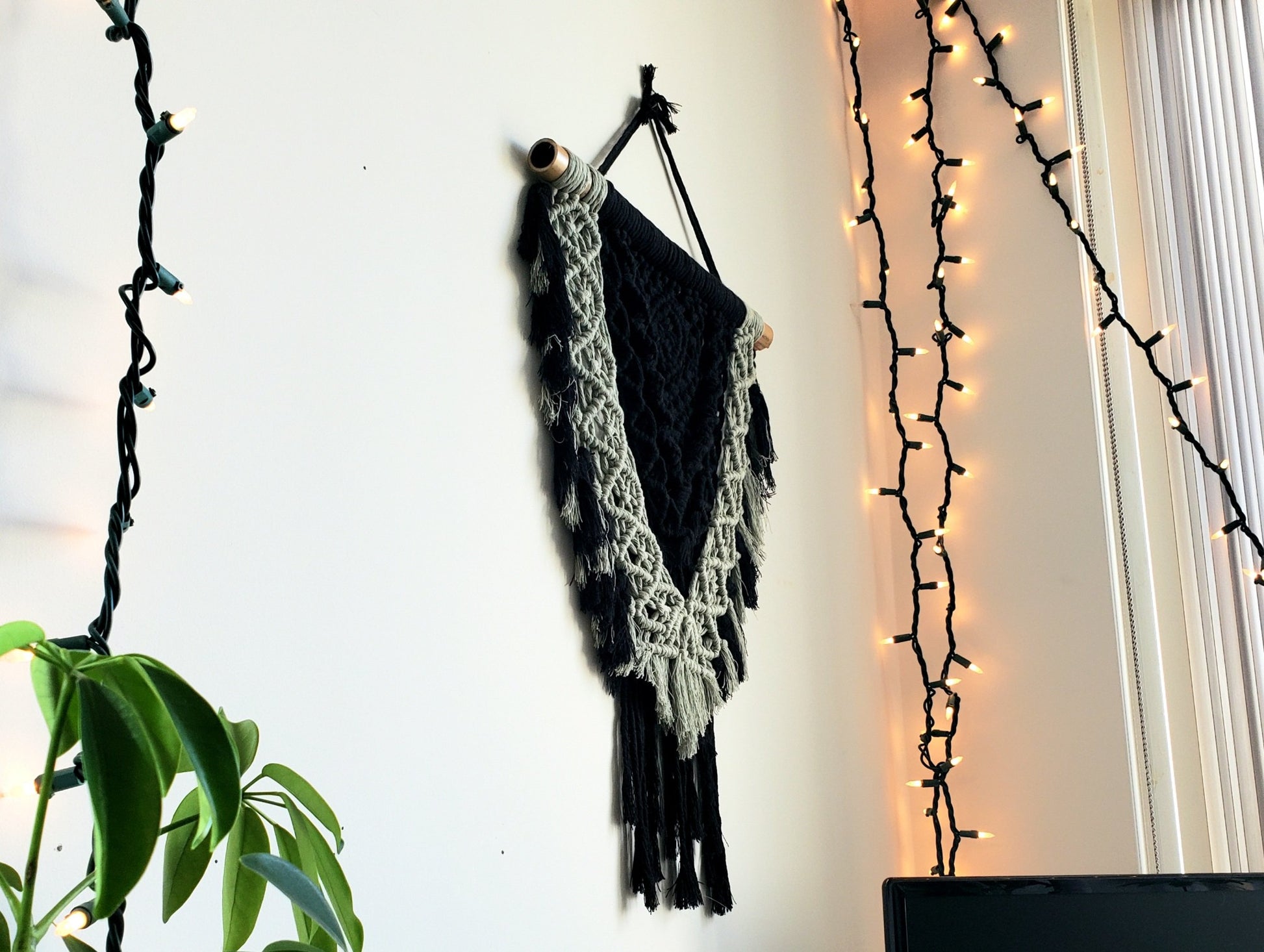 Macrame Wall Hanging - Handcrafted with Black and Sage Green Yarn
