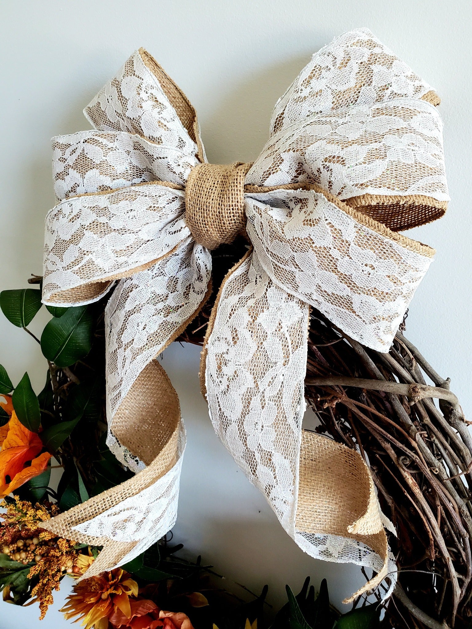 burlap and lace bow, 16" 