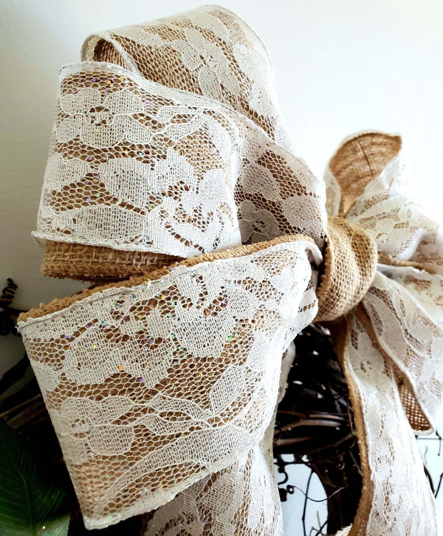 burlap and lace bow close up