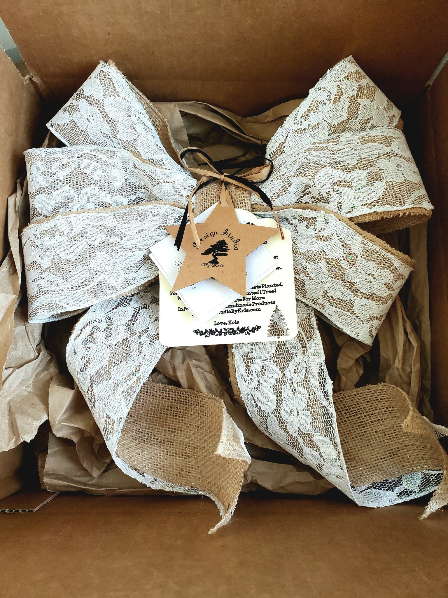 burlap and lace bow packaged and ready to be shipped